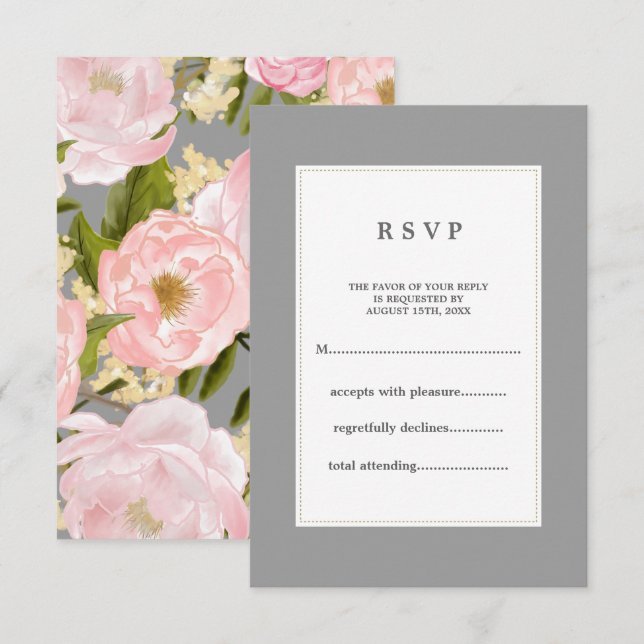 Gray | Blush Pink Peonies Wedding  RSVP Card (Front/Back)