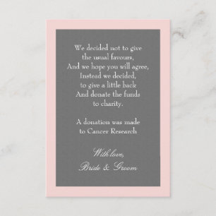 Gray & Blush Pink Wedding Donation Note Enclosure Card