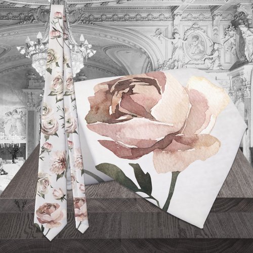 Gray  Blush Roses Ranunculus Dahlias Wedding Neck Tie