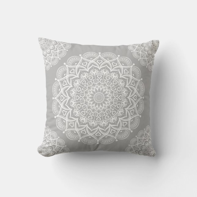 Gray Boho Mandala Throw Pillow (Front)