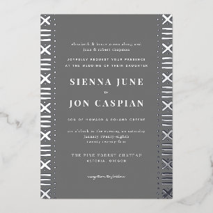 Gray Boho Mudcloth Border Silver Foil Invitation