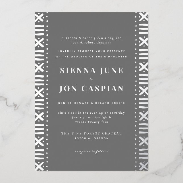 Gray Boho Mudcloth Border Silver Foil Invitation (Front)