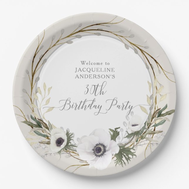 Gray BOHO White Floral Twig Wreath Birthday Party Paper Plates (Front)