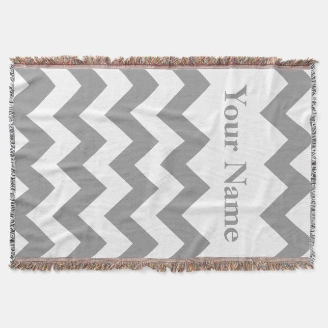 Gray Bold Chevron with custom name Throw Blanket (Front)