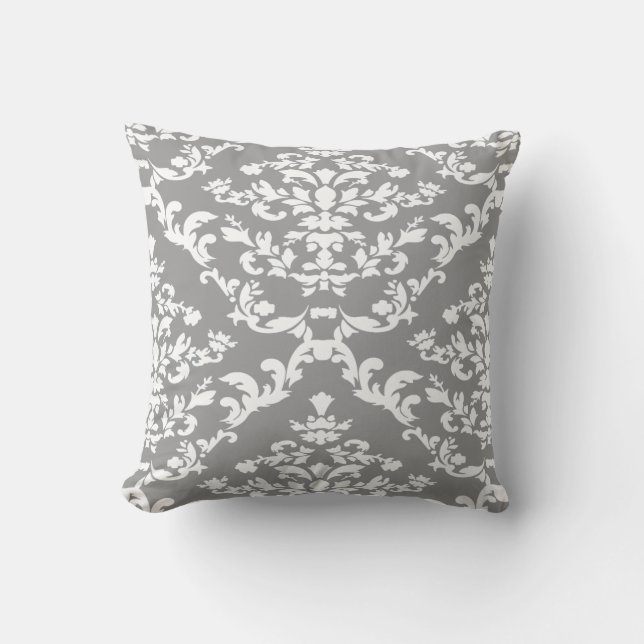 Gray Bold Damask @ Emporiomoffa Throw Pillow (Front)