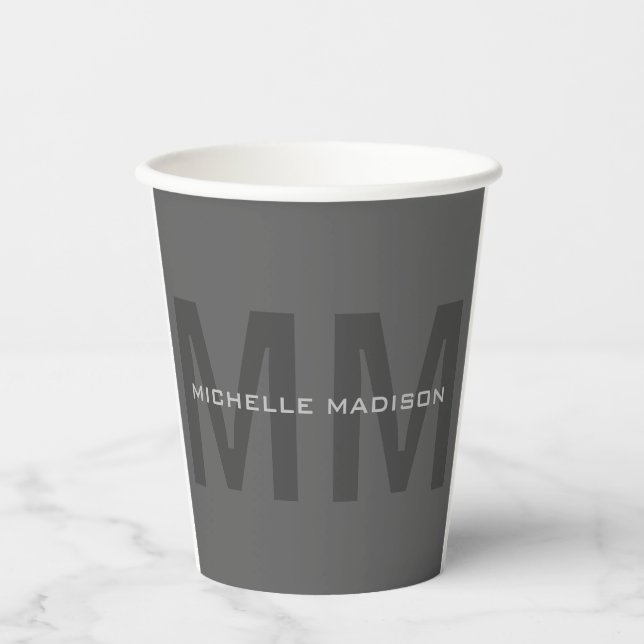 Gray Bold Monogram Modern Minimalist Name Initials Paper Cups (Front)