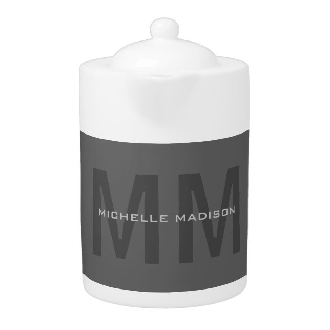 Gray Bold Monogram Modern Minimalist Name Initials Teapot (Front)