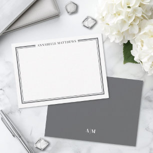 Gray Border Minimalist Name Monogram Note Card