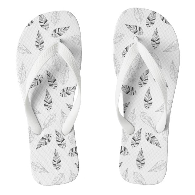 Gray Botanical Leaves Pattern Flip Flops (Footbed)