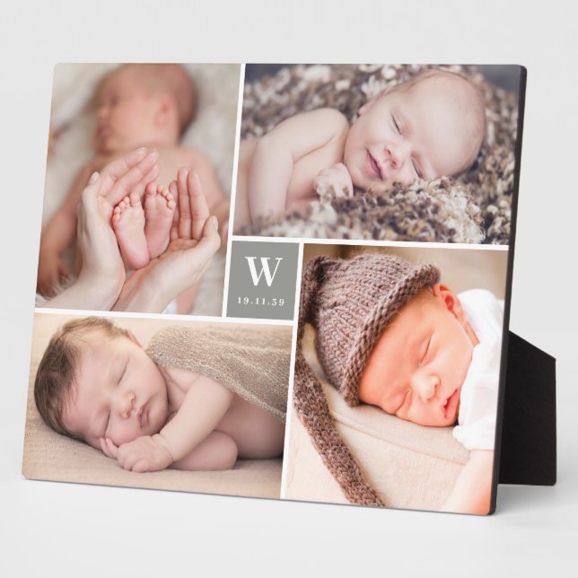 Gray Box Simple Monogram New Baby Photo Collage Plaque (Side)