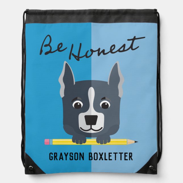 Gray Boxer Dog Holding Pencil Be Honest Blue Drawstring Bag (Front)