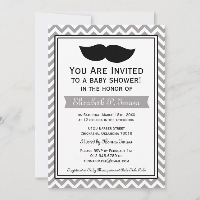 Gray Boy Moustache Chevron Baby Shower Invitation (Front)