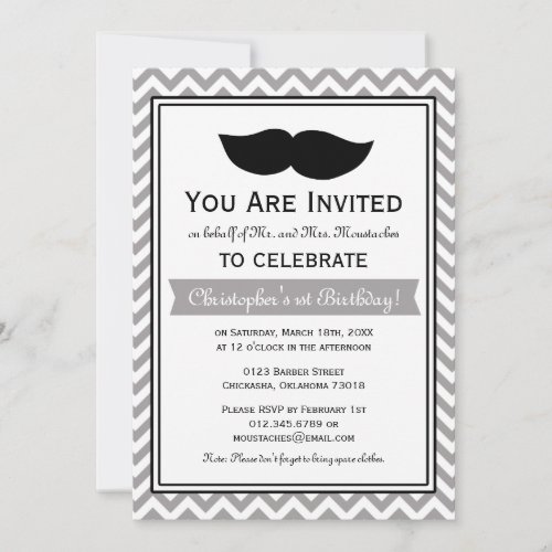 Gray Boy Moustache Chevron Birthday Party Announcements