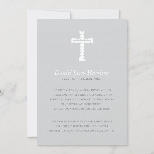 Gray Boys First Communion Invitation (Front)