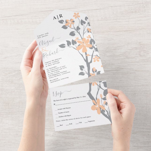 Gray branch with peach flowers initials wedding all in one invitation (Tearaway)