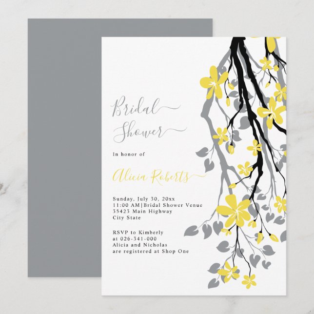 Gray branch with yellow flowers bridal shower invitation (Front/Back)