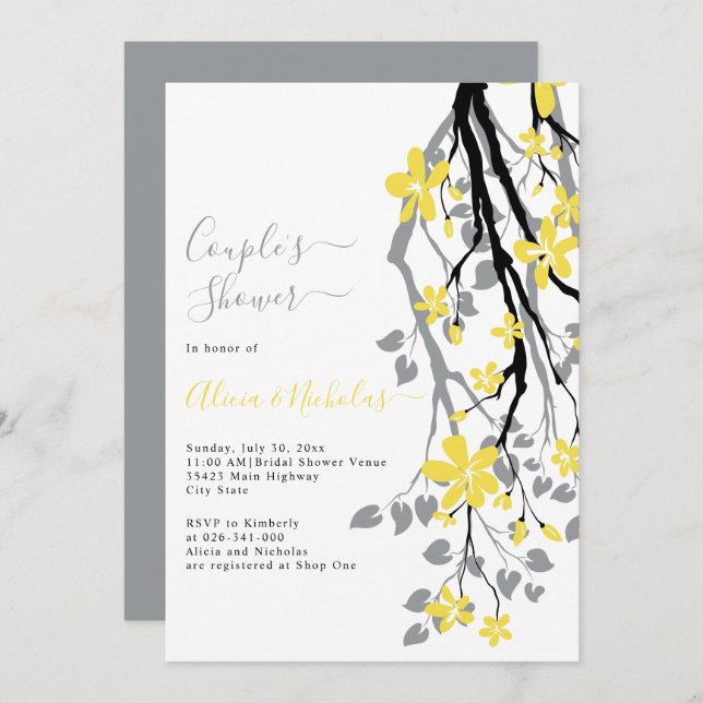 Gray branch with yellow flowers couples shower invitation (Front/Back)
