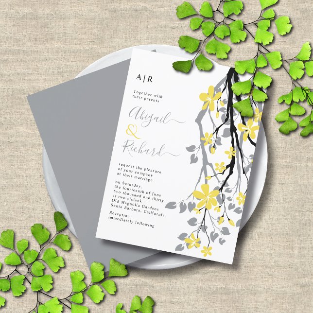 Gray branch with yellow flowers initials wedding invitation (Creator Uploaded)