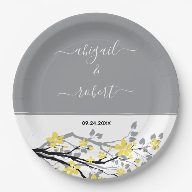 Gray branch with yellow flowers, initials wedding paper plates (Front)