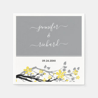 Gray branch with yellow flowers, names wedding napkins