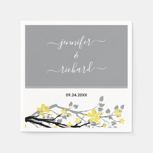 Gray branch with yellow flowers names wedding napkins