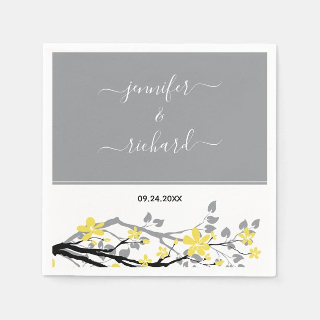Gray branch with yellow flowers, names wedding napkins (Front)