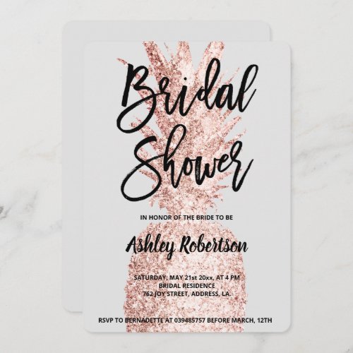 Gray bridal shower rose gold glitter pineapple  invitation