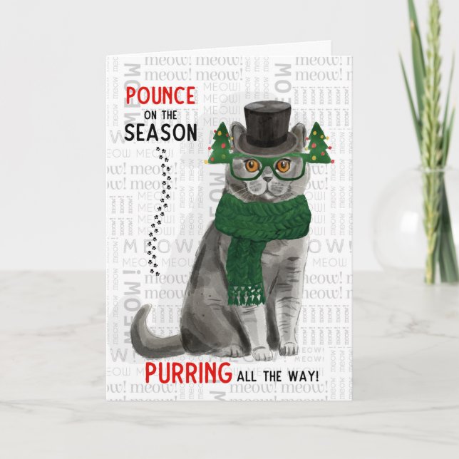 Gray British Shorthair Cat Funny Christmas Card (Front)