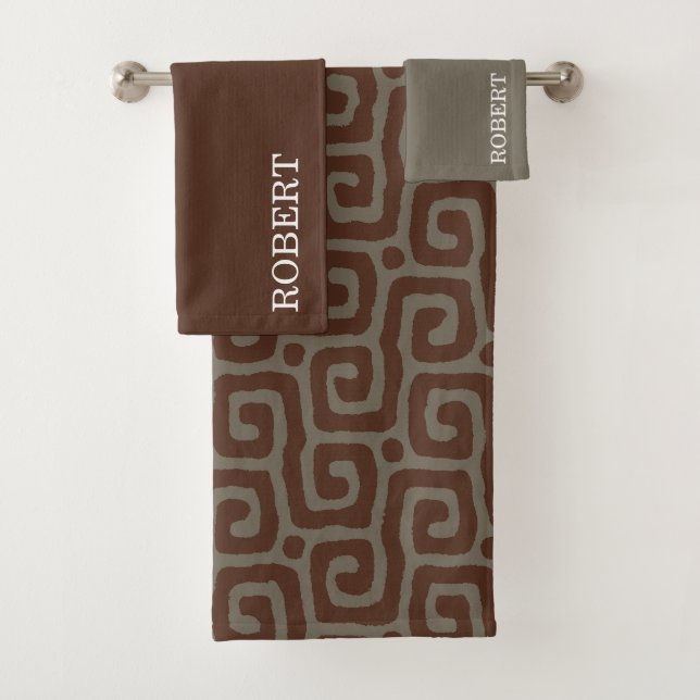 Gray &Brown Abstract Pattern personalized name Bath Towel Set (Insitu)