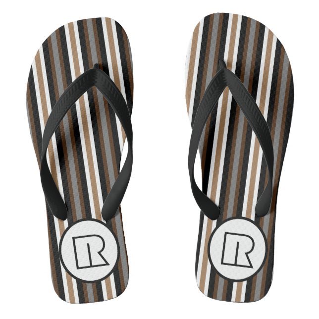 Gray, Brown and Black Stripes With Monogram Flip Flops (Footbed)