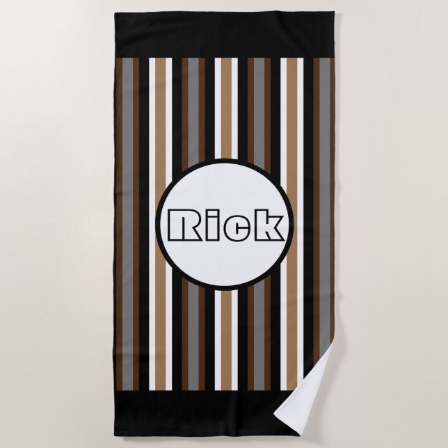 Gray, Brown and Black Stripes With Name Beach Towel (Front)