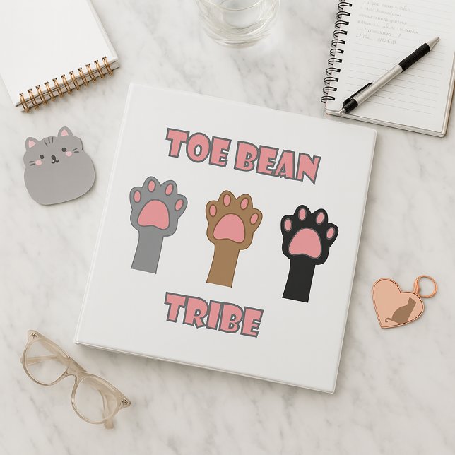 Gray Brown Black Kitty Paw Print Toe Bean Tribe 3 Ring Binder (A binder with cat paws and the words toe bean tribe in pink with gray outline.)