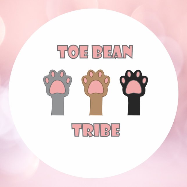 Gray Brown Black Kitty Paw Print Toe Beans Classic Round Sticker (A sticker with three cat paws and the words toe bean tribe in pink and gray)