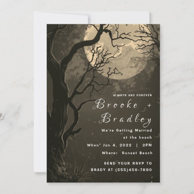 Gray‑Brown Forest & Pale Moon Gothic Wedding Invitation (Front)