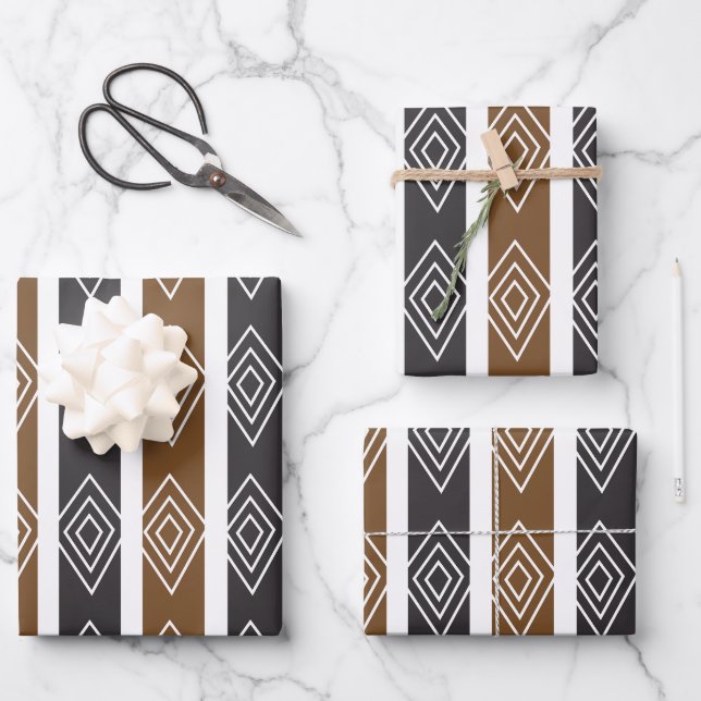 Gray Brown Geometric Diamond Stripes Wrapping Paper Sheets (Front)