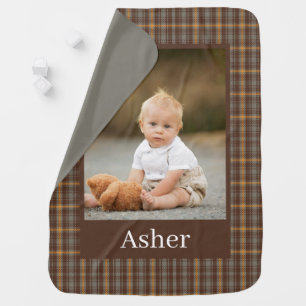 Gray Brown Gingham Pattern Custom Photo Baby Boy Blanket