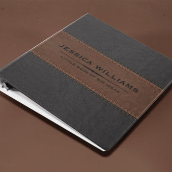 Gray & Brown Leather Texture Custom Black Text 3 Ring Binder by artOnWear at Zazzle