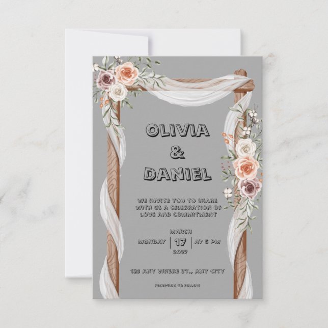 Gray, brown, rustic, and pink invitation (Front)