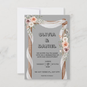Gray, brown, rustic, and pink invitation