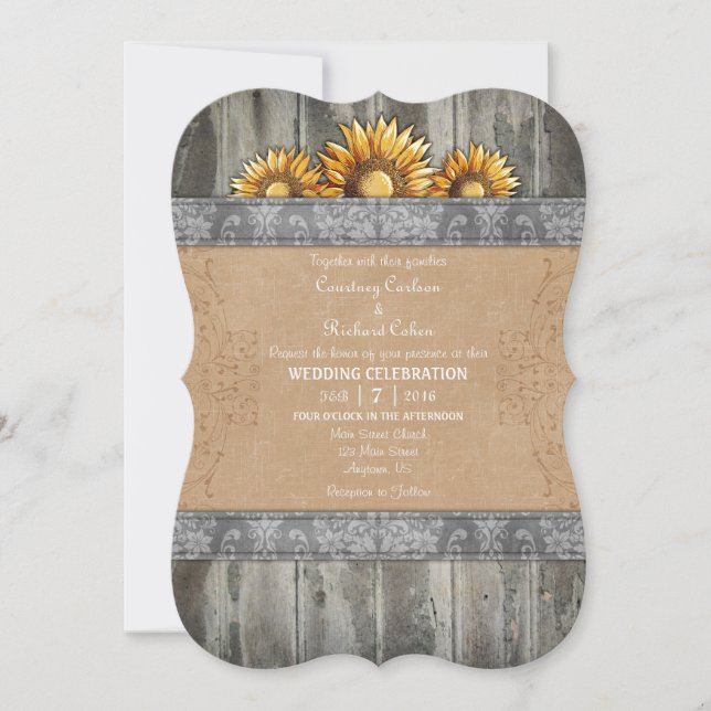 Gray Brown Rustic Sunflower Wedding Invite (Front)