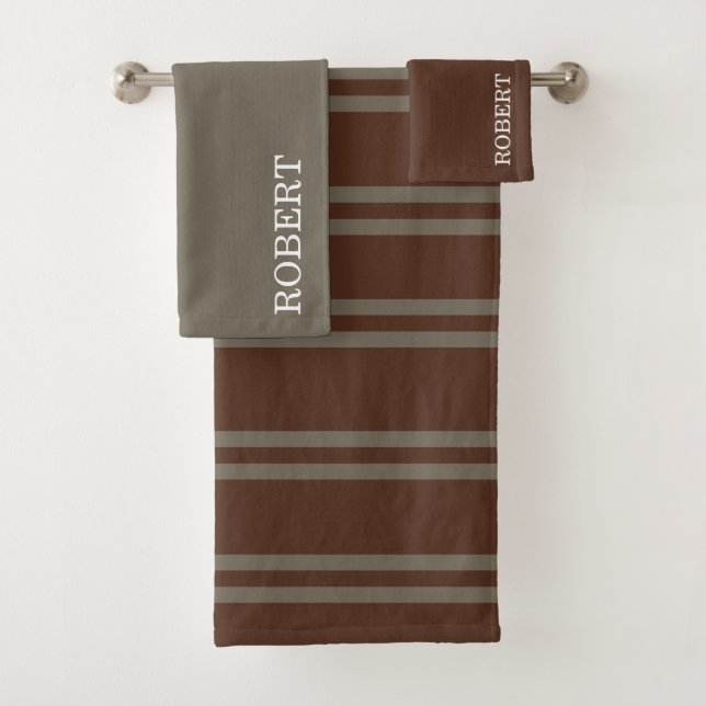  Gray &Brown Strips Pattern Custom Name Bath Towel Set (Insitu)