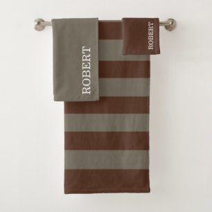 Gray &Brown Strips Pattern Custom Name Bath Towel Set