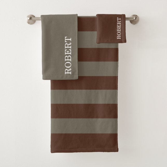  Gray &Brown Strips Pattern Custom Name Bath Towel Set (Insitu)