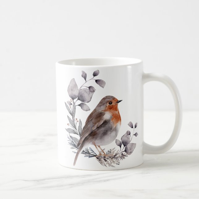 Gray Brown Watercolor Robin Bird Coffee Mug (Right)