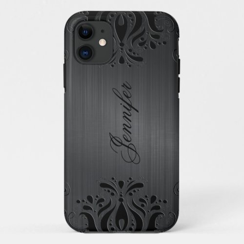 Gray Brushed Aluminum  Black Floral Lace iPhone 11 Case