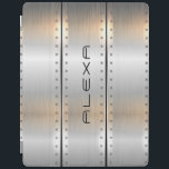 Gray brushed aluminum stripes geometric design iPad smart cover<br><div class="desc">Elegant modern masculine metallic design. Image of silver-gray brushed aluminum texture with masculine accents and customizable monogram.</div>