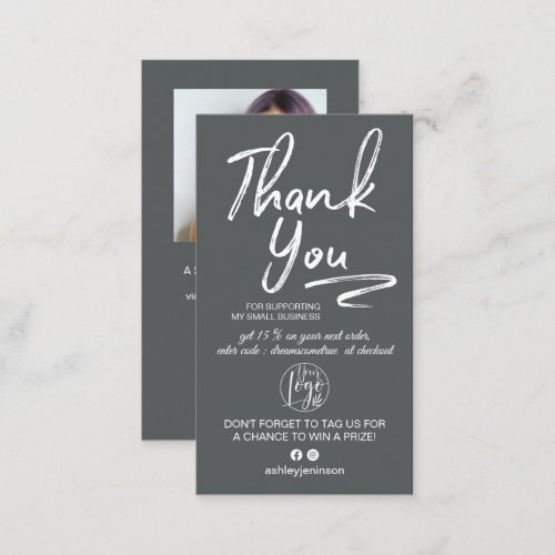 Gray brushed script photo logo order thank you business card
