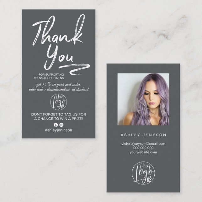 Gray brushed script photo logo order thank you business card (Front/Back)