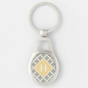 Gray & Buff Modern Moroccan Quatrefoil Monogram Keychain