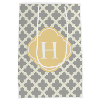 Gray & Buff Modern Moroccan Quatrefoil Monogram Medium Gift Bag